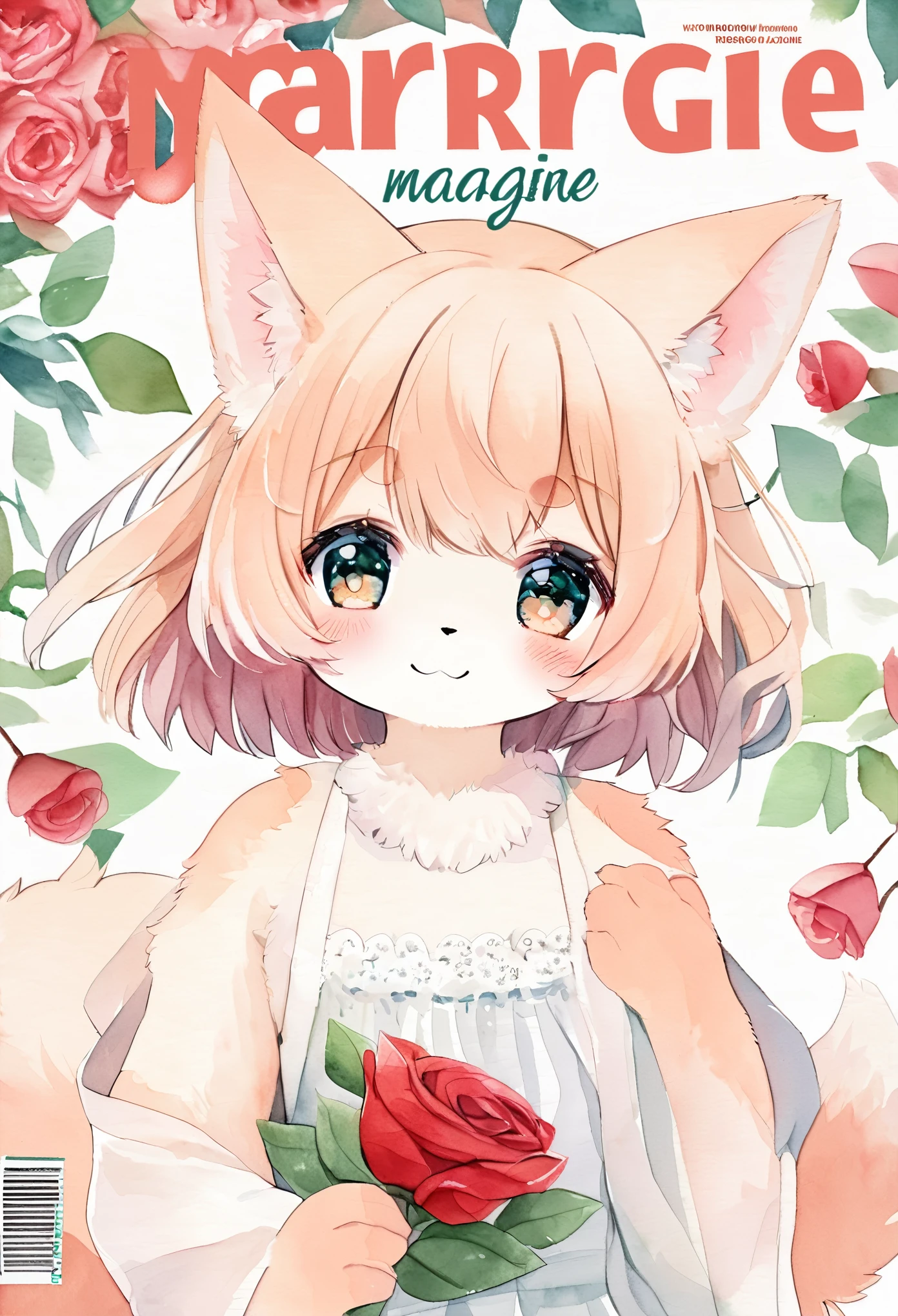 cover page, marriage information magazine, Watercolor elements, 1girl, kemono, furry, detailed body fur, animal face, animal hand, cute girl holding a red rose and looking at viewer,