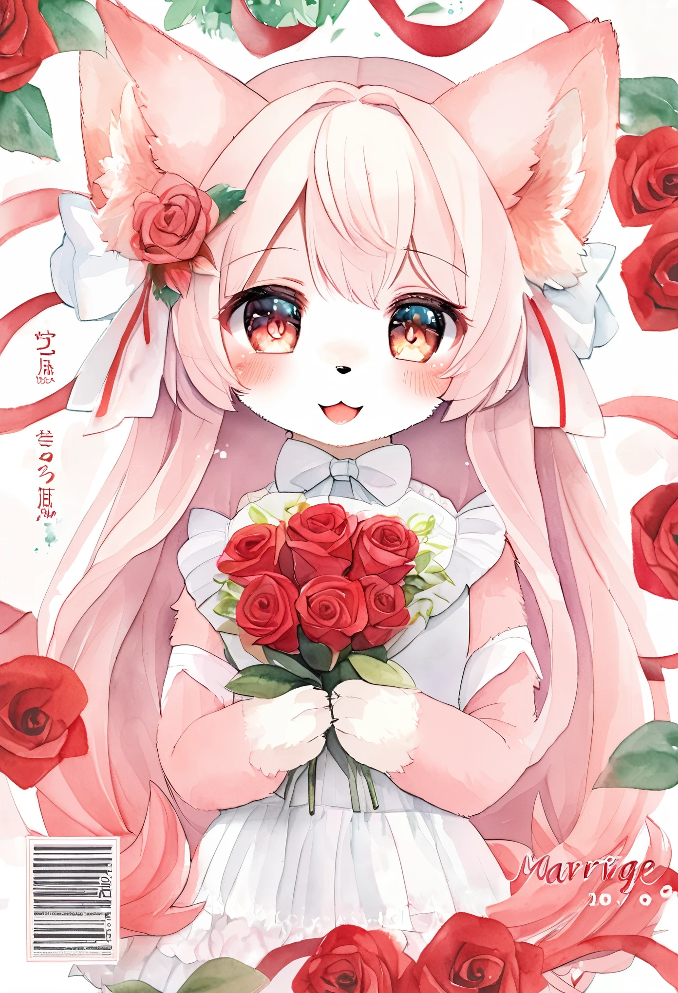 cover page, marriage information magazine, Watercolor elements, 1girl, kemono, furry, detailed body fur, animal face, animal hand, cute girl holding a red rose and looking at viewer,