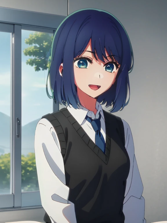 Beautiful lighting, One Girl, solo, Akane, White shirt, Sweater vest, Black vest, Blue tie, ((Anime Style))、((2D))、Laughter、Open your mouth、Look forward