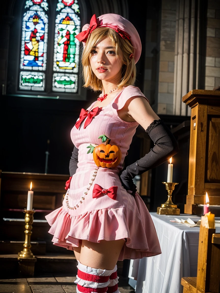 (1 lady), The beautiful, (Best quality at best:1.4), (ultra - detailed), (extremely detailed CG unified 16k), gold blonde hair, very detailed, High-definition RAW color photo, professional photoshooting, amazing face and eyes, cosmetics, (amazingly beautiful girl), ((lambdadelta, tall woman, taller)), ((dress, shoes bow, red shoes, striped stockings, red bow, pink hat, necklace, gloves, pearl, pumpkin brooch, pink dress)), standing, sexyposture,(Dark and stylish cathedral, stained glass, altar, before the altar, candle lights, candle lights:1.3), (look from down), realistic cinematic face, head to feet long wide zoomed out view, full body long view, photorealistic, ((realistic natural blonde hair style, honey eyes)), gorgeous, extremely beautiful face, perfect model beauty, pout mouth, flirting smile, cleavages, city girl, western, shopping in the city, (masterpiece), best quality, high resolution, extremely detailed, blurred background, depth of field, cinematic lighting, (amazing legs, strong legs, athletic legs), high heels, clear and well-cared skin