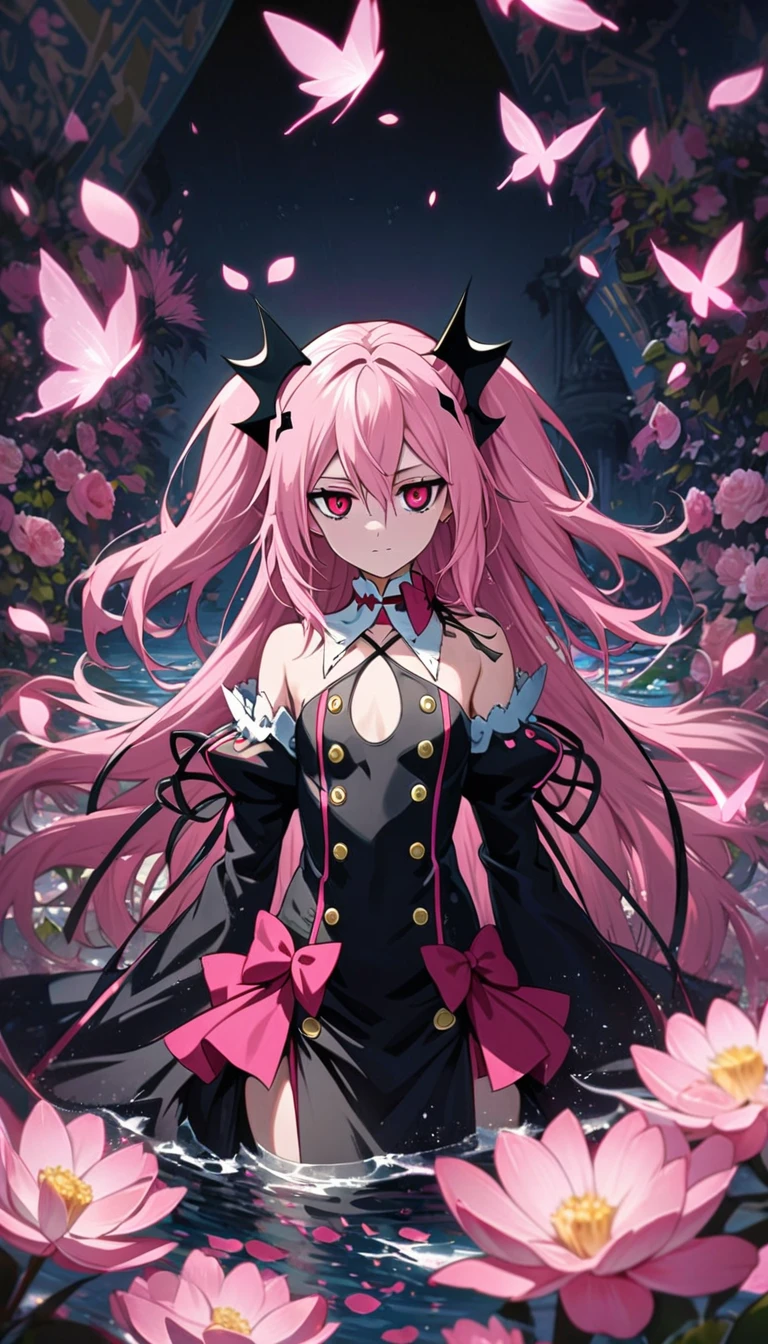 Ultra detailed, Highres, absurdres, Krul Tepes, pink long hair, red expressive eyes, Owari No Seraph, black long dress with patterns, pink flowers, petals, extremely beautiful, woman, solo, very detailed eyes and face, water, pink butterflies,