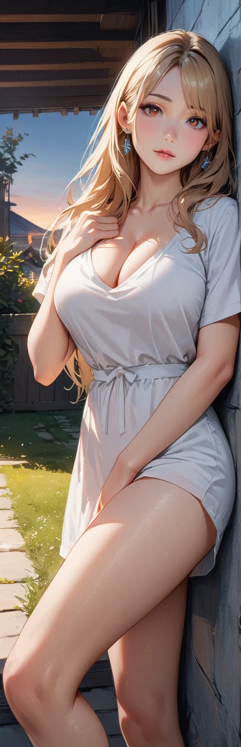 (highest quality, 8k, 32k, masterpiece, 超High resolution:1.2), (RAW Photos), (Realistic), (photoRealistic:1.2), (High resolution), Large file size, Very detailed, a7SIII., serafuku, masterpiece、3D、Realistic、Ultra-fine photography、Detailed and best quality、Very detailed CG Unity 8k wallpaper、full:1.3、stand、From below、Intricate details、(1 female,housewife)、30 years old、Dynamic English、Best image quality、RAW Photos、超High resolution、18 year old Japanese、Big Breasts:1.5、Cleavage:1.5、),Healthy Skin、Shiny white skin、 Naughty Girls,ランダムな色のBeautiful Eyes、Very thin lips、Beautiful Eyes、Drawn in detail、Long, narrow eyes、Light pink blush、Long eyelashes、Beautiful double eyelids、eye shadow、Earrings、Beautiful Skin、Healthy Skin、White dress shirt1I'Not wearing trousers or pants., No pants, , Close-up from thigh to face, From below撮影, Very white skin, Very long hair, Wavy Hair, Blonde, garden, sunrise, Realistic, indirect lighting, Volumetric Light, Ray Tracing, Very detailed, highest quality, 超High resolution, High resolution, 8k