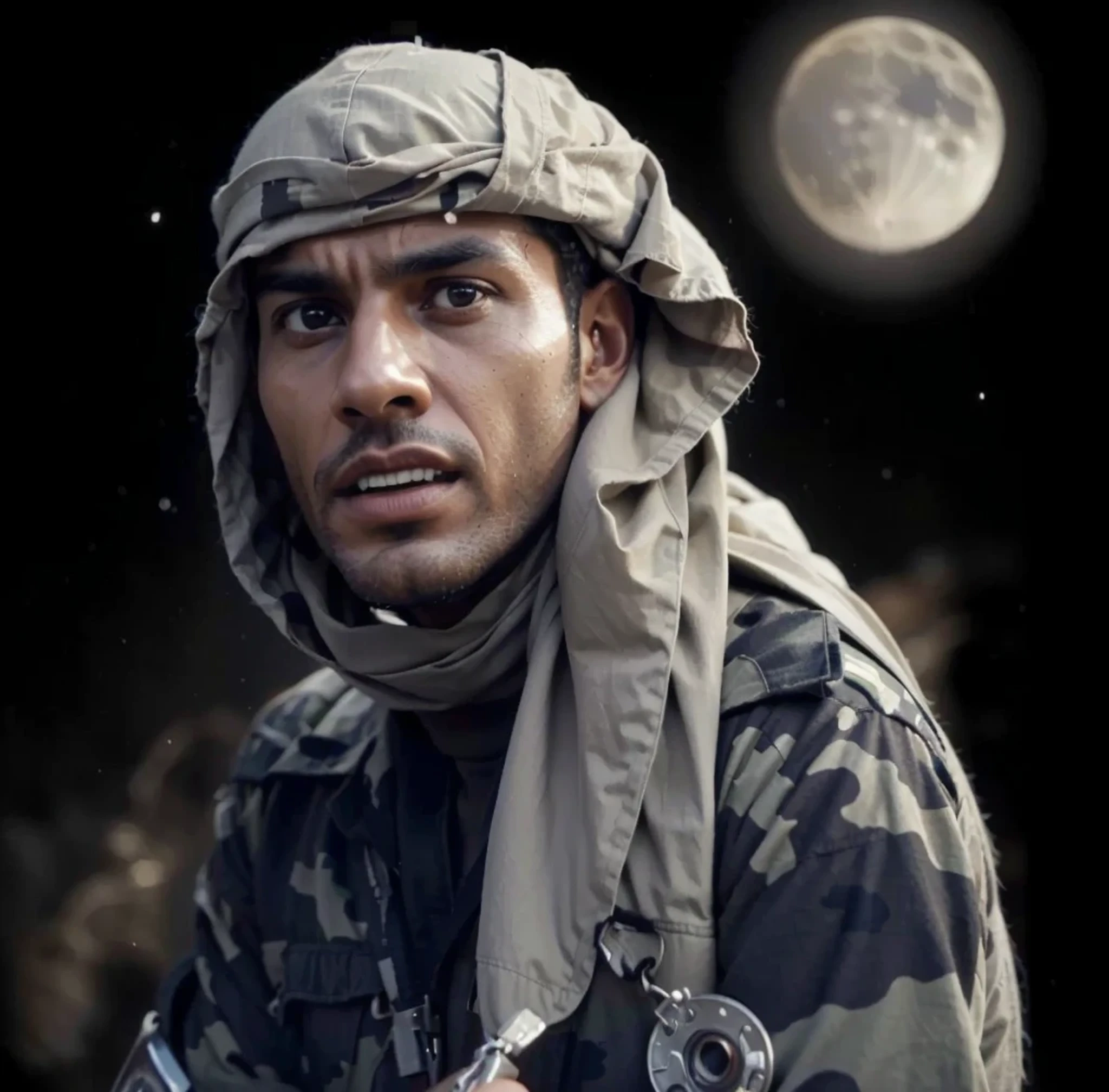 military man from Libya is in the desert in the middle of the night, full moon, furious expression, covers his head with a keffiyeh, beige Soviet style military jacket, carries a Soviet assault rifle, dark colors, Ultra detailed, hyper realistic, 4k , Ultra detailed image, realistic, Highly detailed, perfect composition, Splendid, Intricately detailed, Incredibly detailed, 8K fine art photography, hyper detailed, Masterpiece, Ultra detailed, hyper realistic, 4k, Ultra image detailed, realistic, highly detailed, perfect composition , gorgeous, incredibly detailed, detailed, 8K fine art photography, hyper-detailed, masterpiece