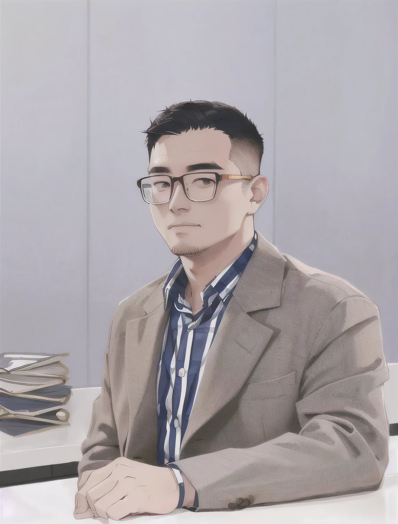 masterpiece, best quality, (There is a man sitting at the table,Wearing glasses,Korean comics,Cartoon,Hand-drawn style,Suit,Plaid shirt,Handsome male business employee,worker,temperament