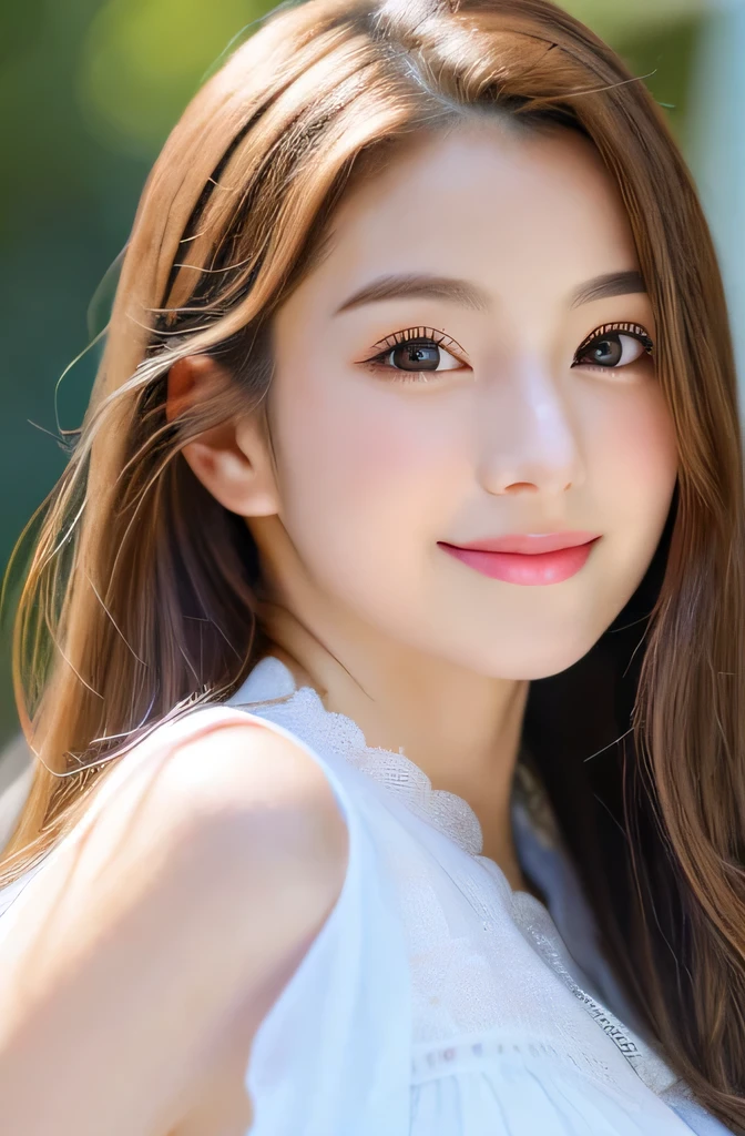 (((8ｋ,Attention to detail,Attention to detail、highest quality，masterpiece,Attention to detail,alone))),RAW Photos & Realistic atmosphere,Beautiful dark eyes,Mouth Details,Glossy Lips,Thin eyebrows,beautiful Eyes、Soft white skin that shines in every detail、Her deep black eyes are very beautiful,Lip details、Very beautiful face,Very beautiful face、A vivid face,beautiful, Glowing Lips,beautiful Eyebrows,Infinite Reality, Realistic Young Gravure Idol,Very cute woman , Young Gravure Idol, Young Gravure Idol, とても美しくてかわいいbeautiful 21 year old beauty,Incredibly beautiful and elegant，beautiful 21 year old beauty,Natural soft light,A little brown hair，（Shiny Hair,,beautiful and kind eyes：1.5）,A kind smile,Shapely breasts,Medium Long Hair,beautiful posture,No makeup,Watching the Future,