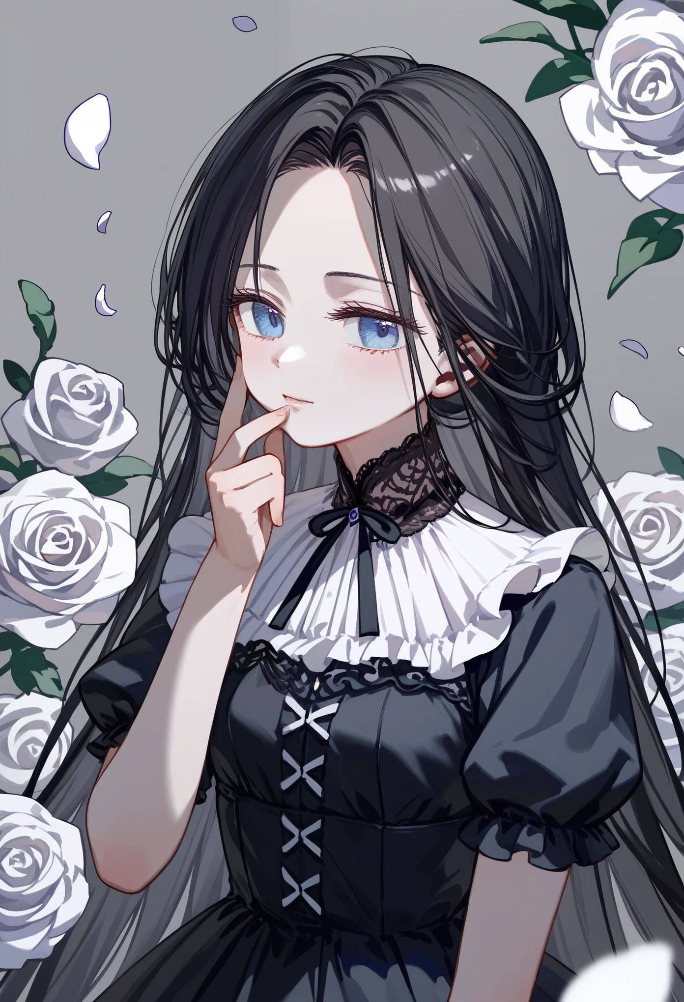masterpiece, best quality, upper body, score_9, score_8_up, score_7_up, front, 1girl, solo, black hair, long hair, parted bangs, dark blue eyes, innexpressive, pale skin, small breasts, standing, upper body, victorian fashion, black dress, frilled dress, short sleeves, hand on chin, stroking own chin, delicate hand, white rose petals, gray background, best quality