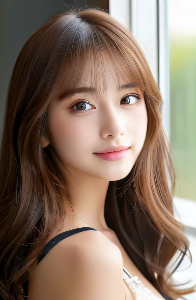 (((8ｋ,Attention to detail,Attention to detail、highest quality，masterpiece,Attention to detail,alone))),RAW Photos & Realistic atmosphere,Beautiful dark eyes,Mouth Details,Glossy Lips,Thin eyebrows,beautiful Eyes、Soft white skin that shines in every detail、Her deep black eyes are very beautiful,Lip details、Very beautiful face,Very beautiful face、A vivid face,beautiful, Glowing Lips,beautiful Eyebrows,Infinite Reality, Realistic Young Gravure Idol,Very cute woman , Young Gravure Idol, Young Gravure Idol, とても美しくてかわいいbeautiful 21 year old beauty,Incredibly beautiful and elegant，beautiful 21 year old beauty,Natural soft light,A little brown hair，（Shiny Hair,,beautiful and kind eyes：1.5）,A kind smile,Shapely breasts,Medium Long Hair,beautiful posture,No makeup,Watching the Future,