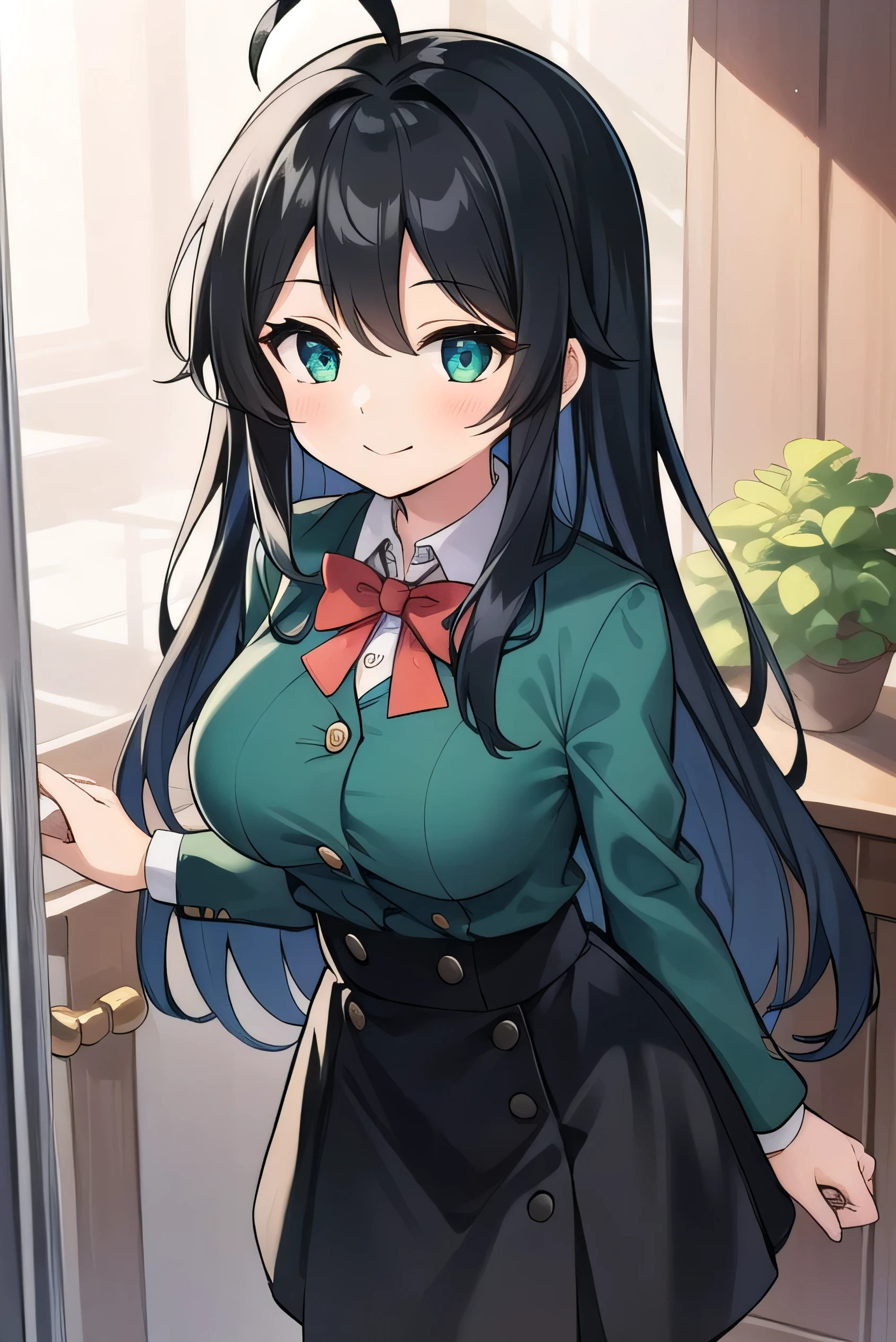Junior high school student who looks like an elementary school student, 14 years old, very short, 140 cm tall, black hair with a slight green tinge, short ahoge, beautiful long hair but with a little hair sticking out, beautiful round eyes, blue eyes, smile, boyish, long sleeves, Thick clothes, skirt, big breasts, hair longer than waist, long hair, childish face, gentle smile, a little shy, black skirt, black hair with a slight green tinge, boyish, gentle smile, jacket one size larger, ( Deep greenish black hair: 1.3)