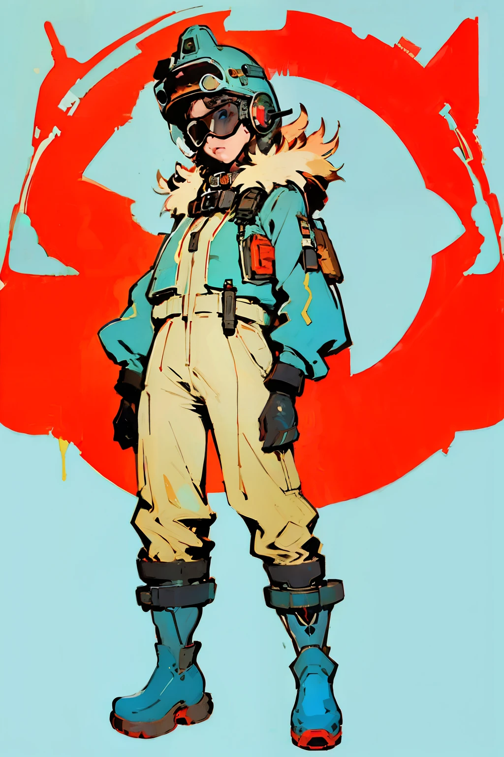 full body image, (ultra detailed,ultra high res,detailed background),((2D)),((flat color)),((muted color)), 1solo, looking at viewer, baggy flight suit, large fur collared bomber jacket, (big red galoshes), plush collar, full body image, square helmet, ((smokey blue background)), ((apocalyptic city)), entire body in frame, 