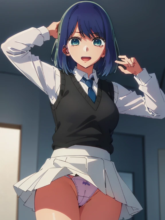Beautiful lighting, One Girl, solo, Akane, White shirt, (((skirt))),Sweater vest, Black vest, Blue tie, ((Anime Style))、((2D))、Laughter、Open your mouth、Look forward,((Cotton panties with crotch)),(((skirtめくり, I can see your pants))),squat,From below,