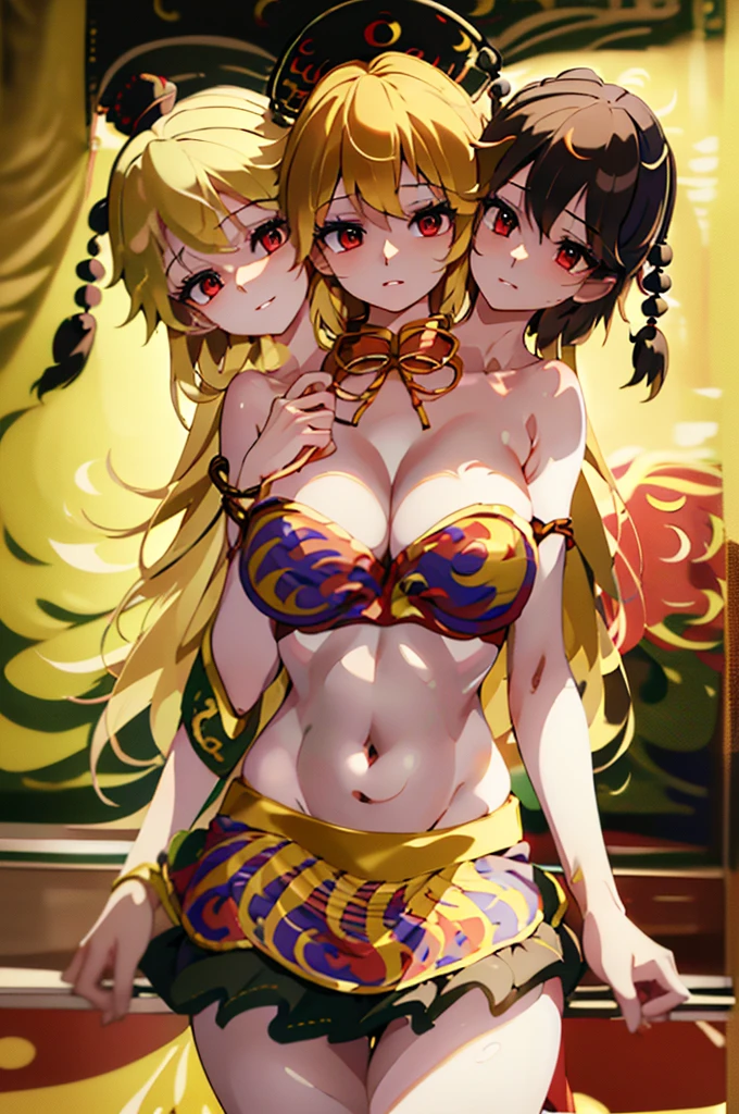 (masterpiece, best quality),best quality, (ultra-detailed), (3heads:1.5), 1girl, (junko (touhou):1.3), masterpiece, top best quality, ultra quality, ultra resolution, ultra detail, black top, crop top, ((stomach)), midriff, ((groin)), red and black skirt, normal ears, shackles, blonde hair, very long hair, wavy hair, sidelocks, red eyes, parted lips, single horn, sweat, cute, toned belly, hand on own chest, eyelashes, (25 year old woman:1.3), (masterpiece:1.5), (best quality:1.5), (beautiful detailed), extremely detailed CG, extremely delicate and beautiful, depth of field, (finely detailed face), (perfect details:1.3), (mature female:1.3), wide pelvis, slender, large veiny breast, 16k resolution, highres, very high quality, very high definition, extremely detailed, masterpiece, blonde hair, long hair, alluring presence, braid, short skirt, close up, big tits, young, chinese clothes, hair ornament, chinese headdress, adult woman, blonde woman,