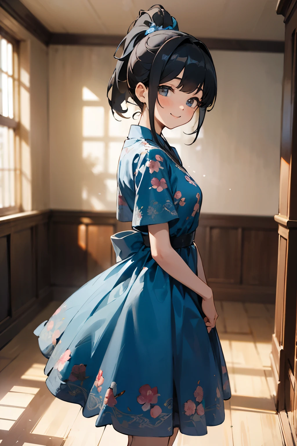 In the best quality、 girl standing in a room。In high resolution、Beautiful details、Quiet atmosphere。Black hair ponytail、Cute Smile.。Wearing a cute floral blue dress。