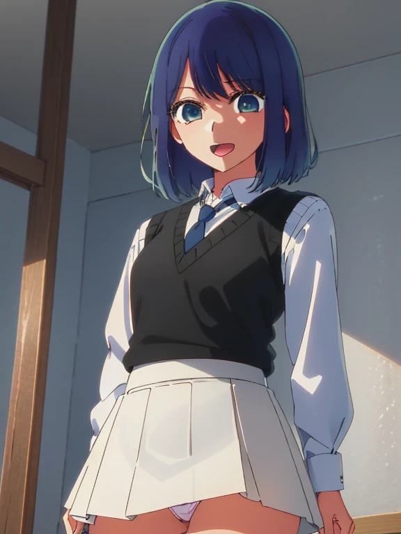Beautiful lighting, One Girl, solo, Akane, White shirt, (((skirt))),Sweater vest, Black vest, Blue tie, ((Anime Style))、((2D))、Laughter、Open your mouth、Look forward,((Cotton panties with crotch)),(((skirtめくり, I can see your pants))),squat,From below,
