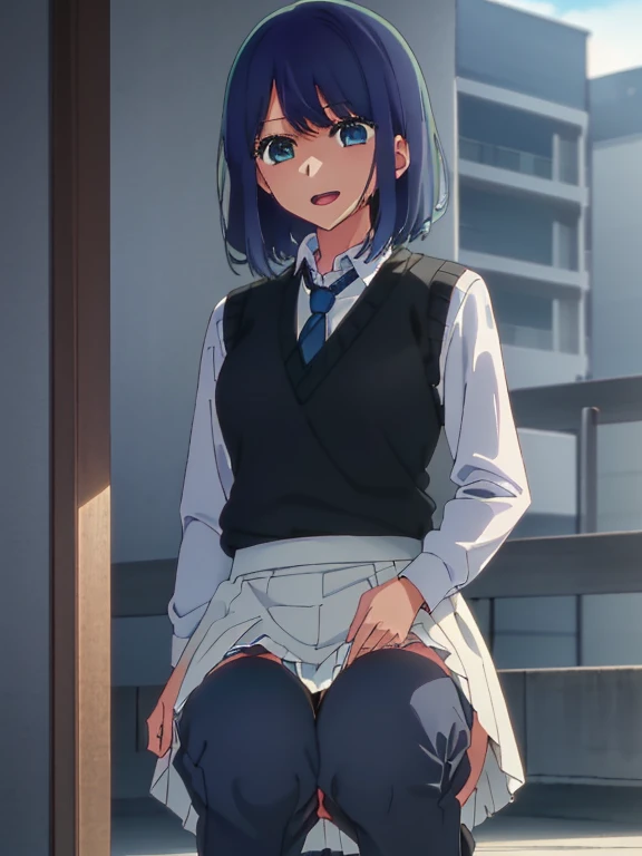 Beautiful lighting, One Girl, solo, Akane, White shirt, (((skirt))),Sweater vest, Black vest, Blue tie, ((Anime Style))、((2D))、Laughter、Open your mouth、Look forward,((Cotton panties with crotch)),(((skirtめくり, I can see your pants))),squat,From below,