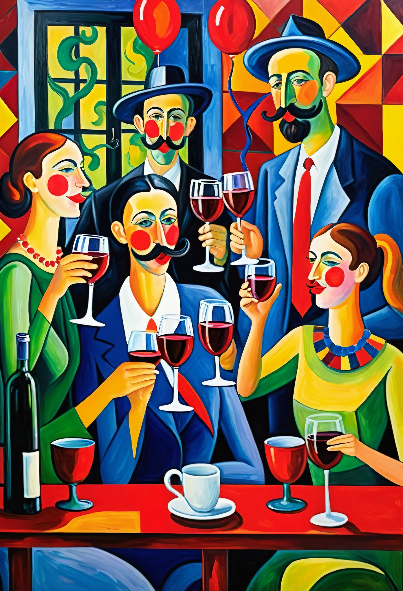 Fauvism, happy drinkers with red noses, red wine cups, tavern, oil painting slightly influenced by Henri Matisse and Victor Brauner.