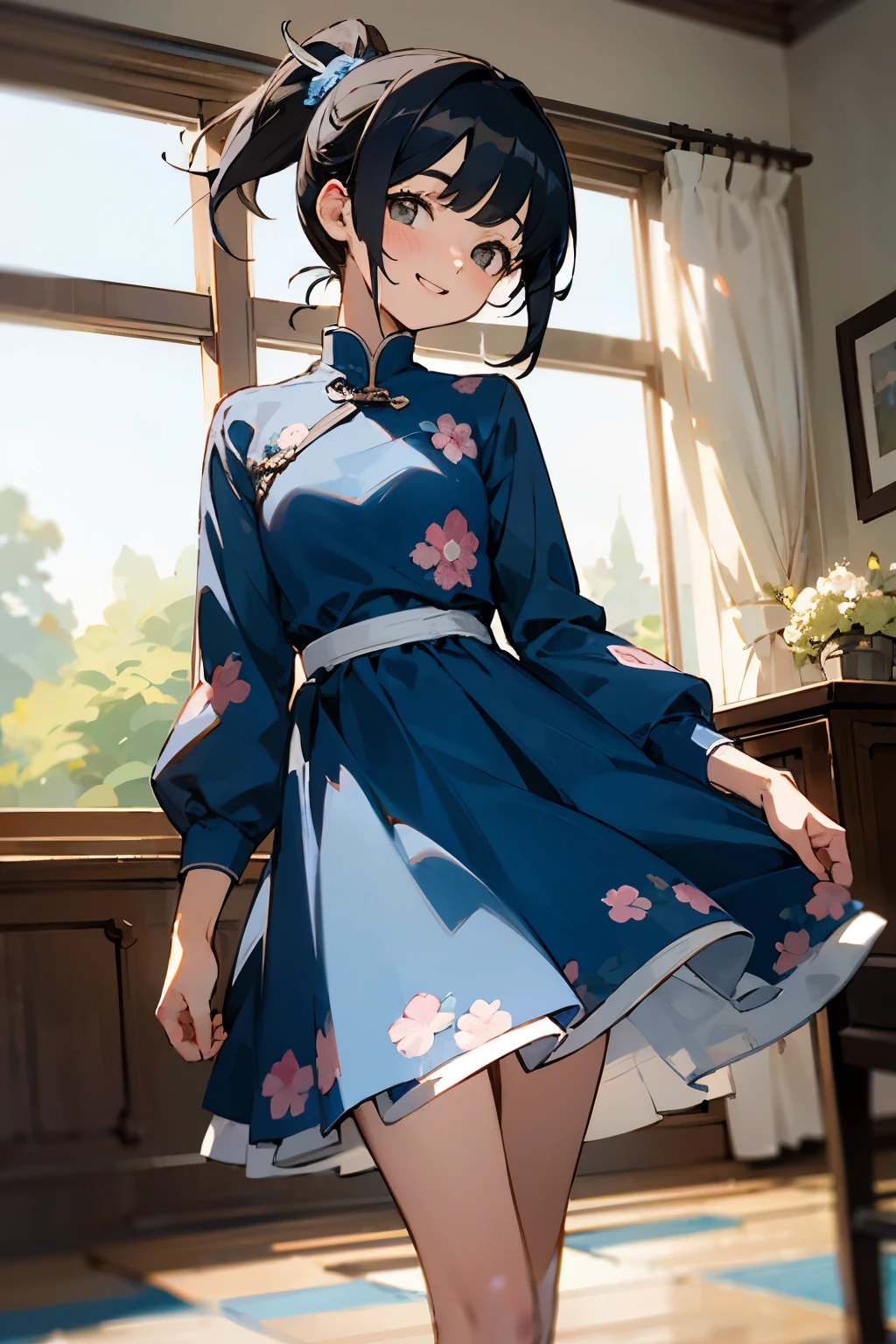 In the best quality、 girl standing in a room。In high resolution、Beautiful details、Quiet atmosphere。Black hair ponytail、Cute Smile.。Wearing a cute floral blue dress。