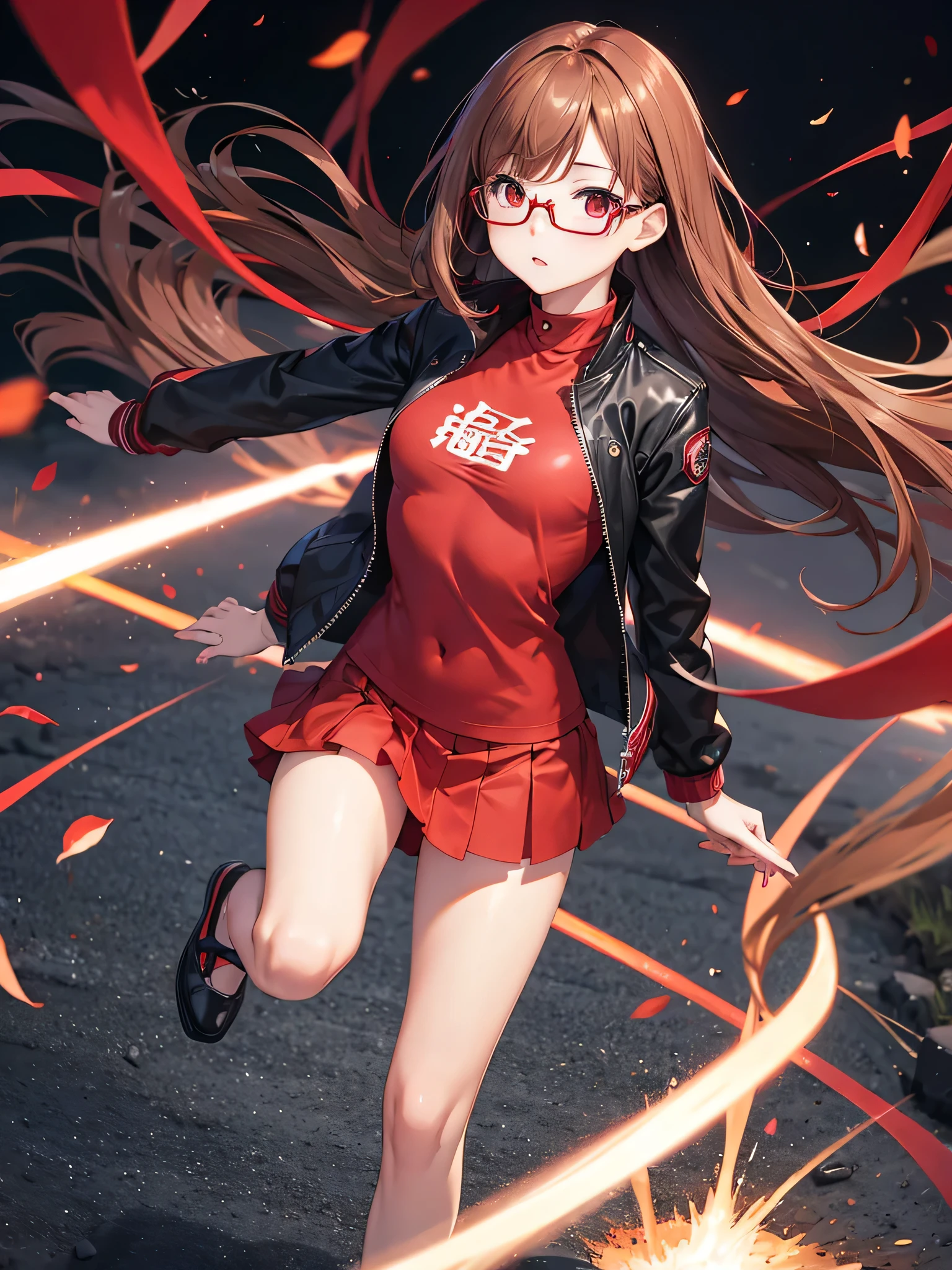 highest quality、Realistic、Women、Japanese、zoom、look up、cute、Red eyes、Straight Bob Hair、Light Brown Hair、Glasses、Black rider jacket、Red T-shirt.Black mini skirt、slender、Small breasts