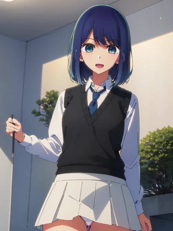 Beautiful lighting, One Girl, solo, Akane, White shirt, (((skirt))),Sweater vest, Black vest, Blue tie, ((Anime Style))、((2D))、Laughter、Open your mouth、Look forward,((Cotton panties with crotch)),(((skirtめくり, I can see your pants))),squat,From below,