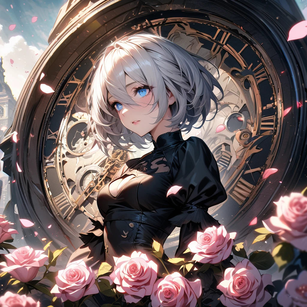 absurdres, highres, ultra detailed, HDR, masterpiece, extremely detailed face and eyes, 2B, white hair, expressive blue eyes, Nier Automata, solo, woman, extremely beautiful, pretty, black dress, pink roses, blossoms, petals, in woderland, clock