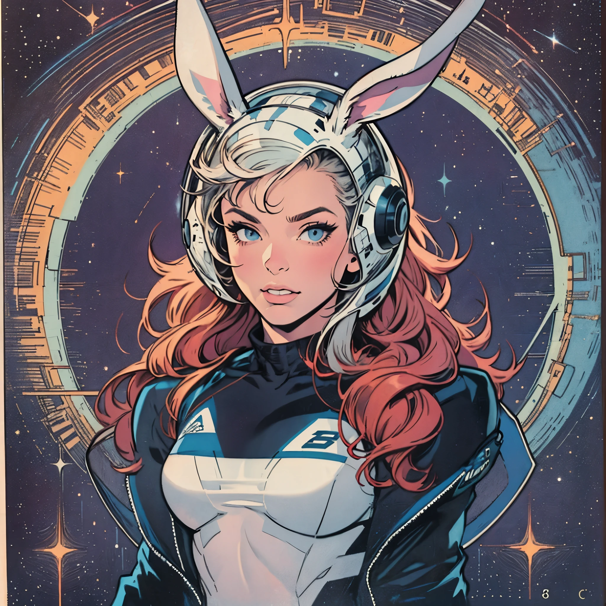 ultimate best quality,beautiful woman,speech bubble,big brest,galaxy,60s,70s,80s,colorful,cosmo,space,((rabbit)),