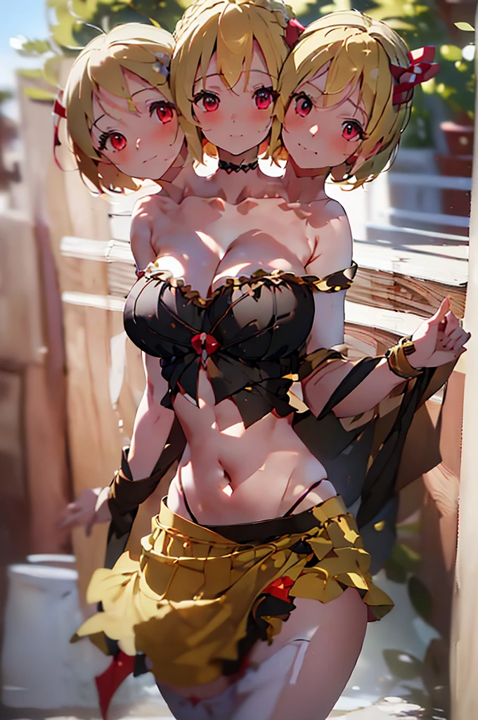 (masterpiece, best quality), best quality, (ultra-detailed), (3heads:1.5), 1girl, (rumia:1.3), masterpiece, best quality, ultra quality, ultra resolution, ultra detail, black top, crop top, ((stomach)), midriff, ((groin)), black skirt, normal ears, shackles, blonde hair, very long hair, wavy hair, short hair, red eyes, parted lips, open belly, , sweat, cute, toned belly, hand on own chest, eyelashes, (23 year old woman:1.3), (masterpiece:1.5), (best quality:1.5), (beautiful detailed), extremely detailed CG, extremely delicate and beautiful, depth of field, (finely detailed face), (perfect details:1.2), (mature female:1.3), wide pelvis, slender, large veiny breast, 16k resolution, highres, very high quality, very high definition, extremely detailed, masterpiece, blonde hair, long hair, alluring presence, braid, short skirt, close up, big tits, young, hair ribbon, red ribbon, open belly, girl with three heads,