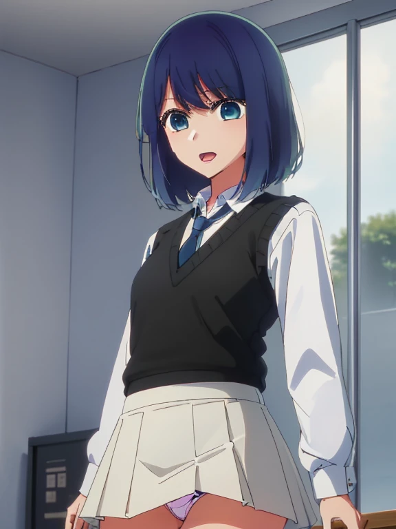 Beautiful lighting, One Girl, solo, Akane, White shirt, (((skirt))),Sweater vest, Black vest, Blue tie, ((Anime Style))、((2D))、Laughter、Open your mouth、Look forward,((Cotton panties with crotch)),(((skirtめくり, I can see your pants))),squat,From below,