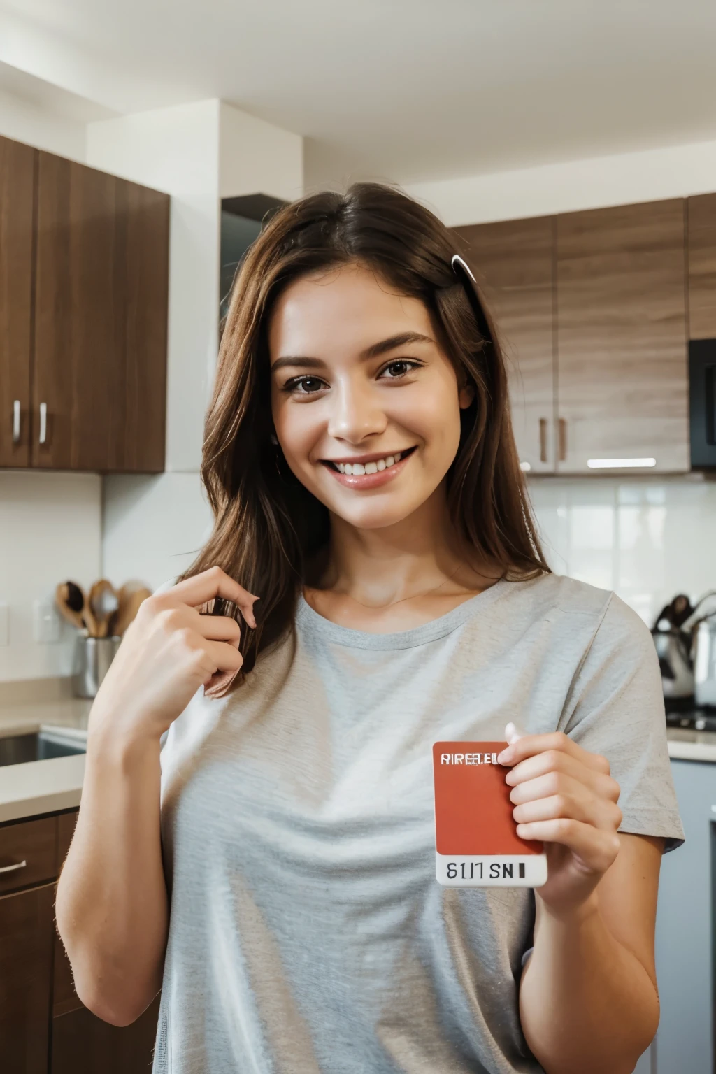 woman holding up a credit card and looking at the camera, high quality stock picture, she is smiling and excited, she is smiling and happy, 30 years old woman, 3 0 years old woman, beautiful and smiling, she expressing joy, she is happy, she is smiling, making the best smug smile, in front of kitchen, she is wearing shirt