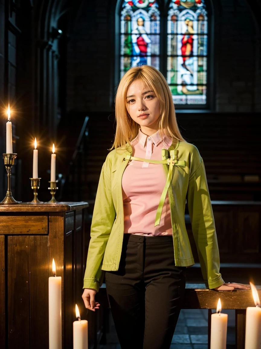 (1 lady), The beautiful, (Best quality at best:1.4), (ultra - detailed), (extremely detailed CG unified 16k), gold blonde hair, very detailed, High-definition RAW color photo, professional photoshooting, amazing face and eyes, cosmetics, (amazingly beautiful girl), ((Miyo)), ((ribbon, cross, pink blouse, green jacket, pants)), standing, sexyposture,(Dark and stylish cathedral, stained glass, altar, before the altar, candle lights, candle lights:1.3), (look from down), realistic cinematic face, head to feet long wide zoomed out view, full body long view, photorealistic, ((realistic natural blonde hair style, honey eyes)), gorgeous, extremely beautiful face, perfect model beauty, pout mouth, flirting smile, cleavages, city girl, western, shopping in the city, (masterpiece), best quality, high resolution, extremely detailed, blurred background, depth of field, cinematic lighting, amazing legs, high heels, clear and well-cared skin