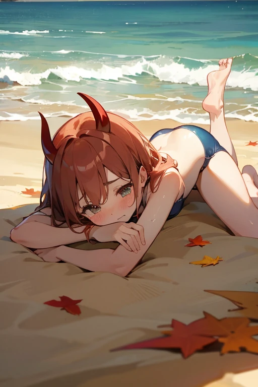 devil、Sandy Beach、Fall、I&#39;m surprised、A little teary-eyed、cute、Lying down in swimsuit