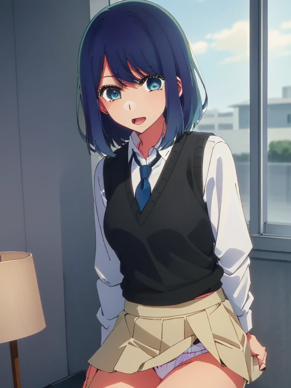 Beautiful lighting, One Girl, solo, Akane, White shirt, (((skirt))),Sweater vest, Black vest, Blue tie, ((Anime Style))、((2D))、Laughter、Open your mouth、Look forward,((Cotton panties with crotch)),(((skirtめくり, I can see your pants))),squat,From below,