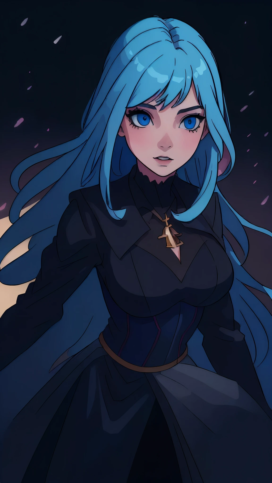 (best quality,4k,8k,highres,masterpiece:1.2),ultra-detailed,(realistic,photorealistic,photo-realistic:1.37),beautiful detailed blue eyes,beautiful detailed lips,extremely detailed eyes and face,longeyelashes,1girl,sexy girl,perfect body,sexy witch black outfit,anime,front view, fantasy background,looking at the camera,vivid colors,sharp focus,physically-based rendering,studio lighting