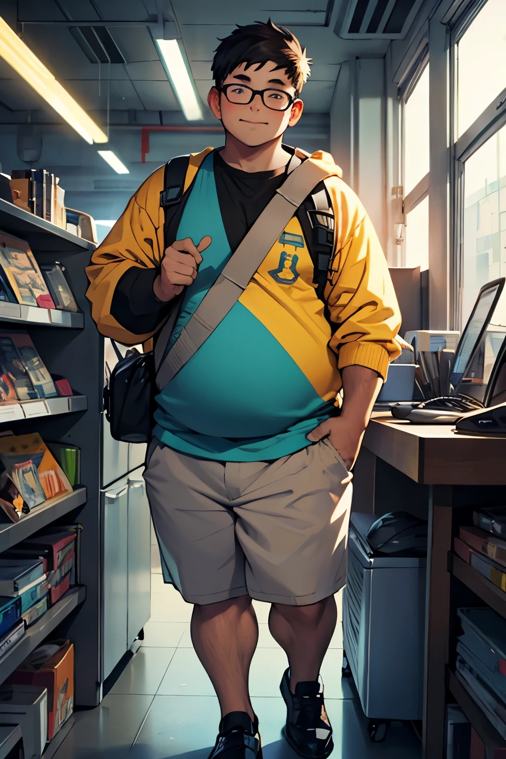 A fat boy wearing small glasses,With a camera in hand,,Science Fiction,Be cooler