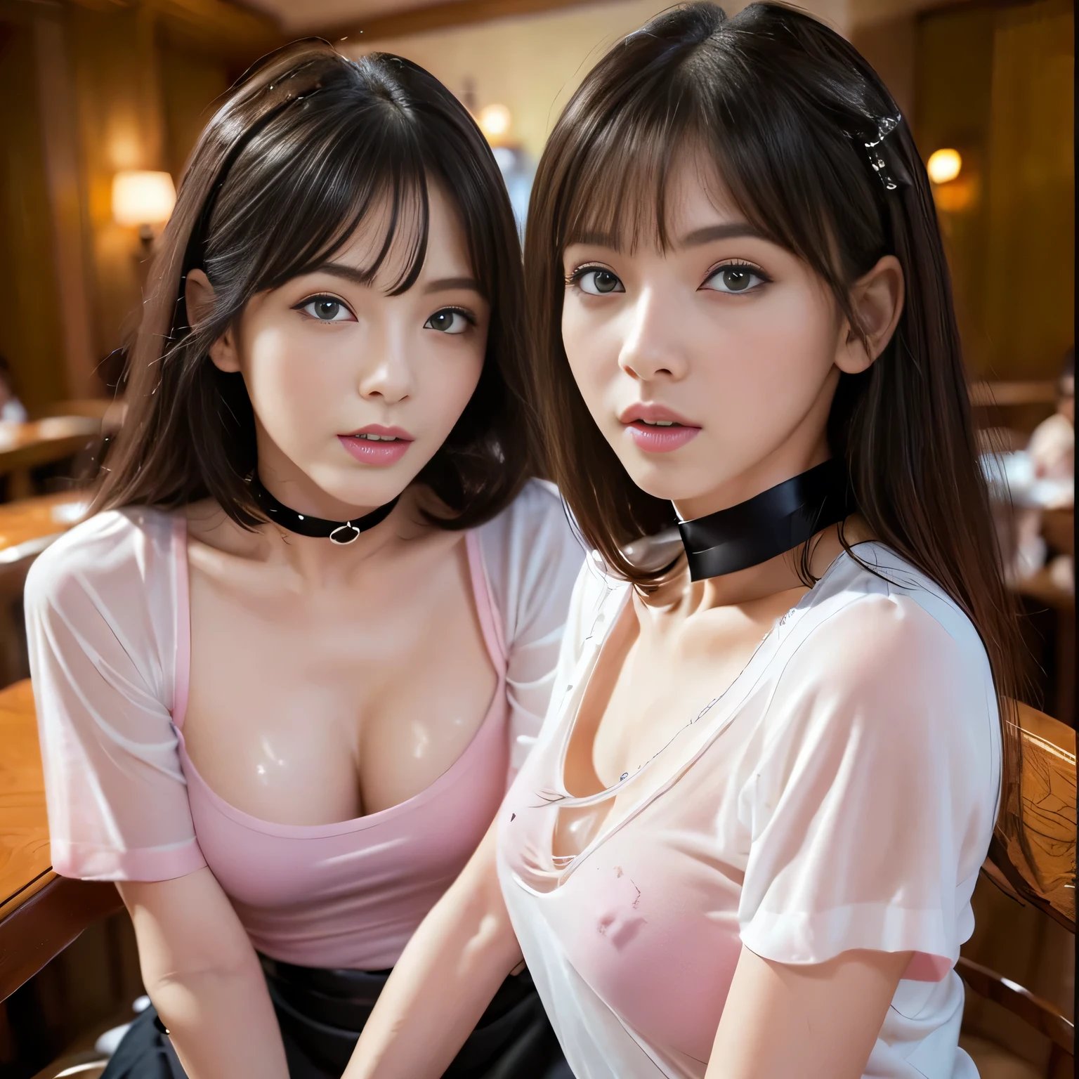 Group photo, Group photo, Very beautiful woman, Highly detailed eyes, Highly detailed face, Sexy and highly detailed lips, Super detailed everything, Attractive woman, Black Choker, blue eyes, Very long eyelashes, bangs, Big Breasts, , highest quality, masterpiece, ((Slim face)), Japanese actress, servant, ((High nose)), ((Tight shirt、See-through shirt、Pink collar shirt)), Happy atmosphere,, mini skirt, ((A private room in a three-star restaurant、Woman Eating)), Medium Hair、Sumptuous cuisine、Sitting across from each other