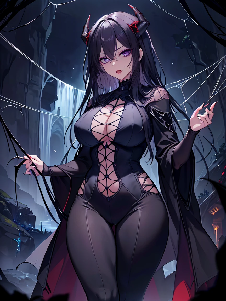 (Uhd, Masterpiece, Textured Skin, Super Detail, High Details, High Quality, Best Quality), Detailed Face, 1woman, mature pretty woman, ((wide hips, thick thighs)), ((Long Dark Blue eyes hair)), ((Black Sexy Rpg dress), (Pants), (Spider, Web, Silk), Thin Horns, (standing, inside a dark cave full of cobwebs), (Sharp claws)