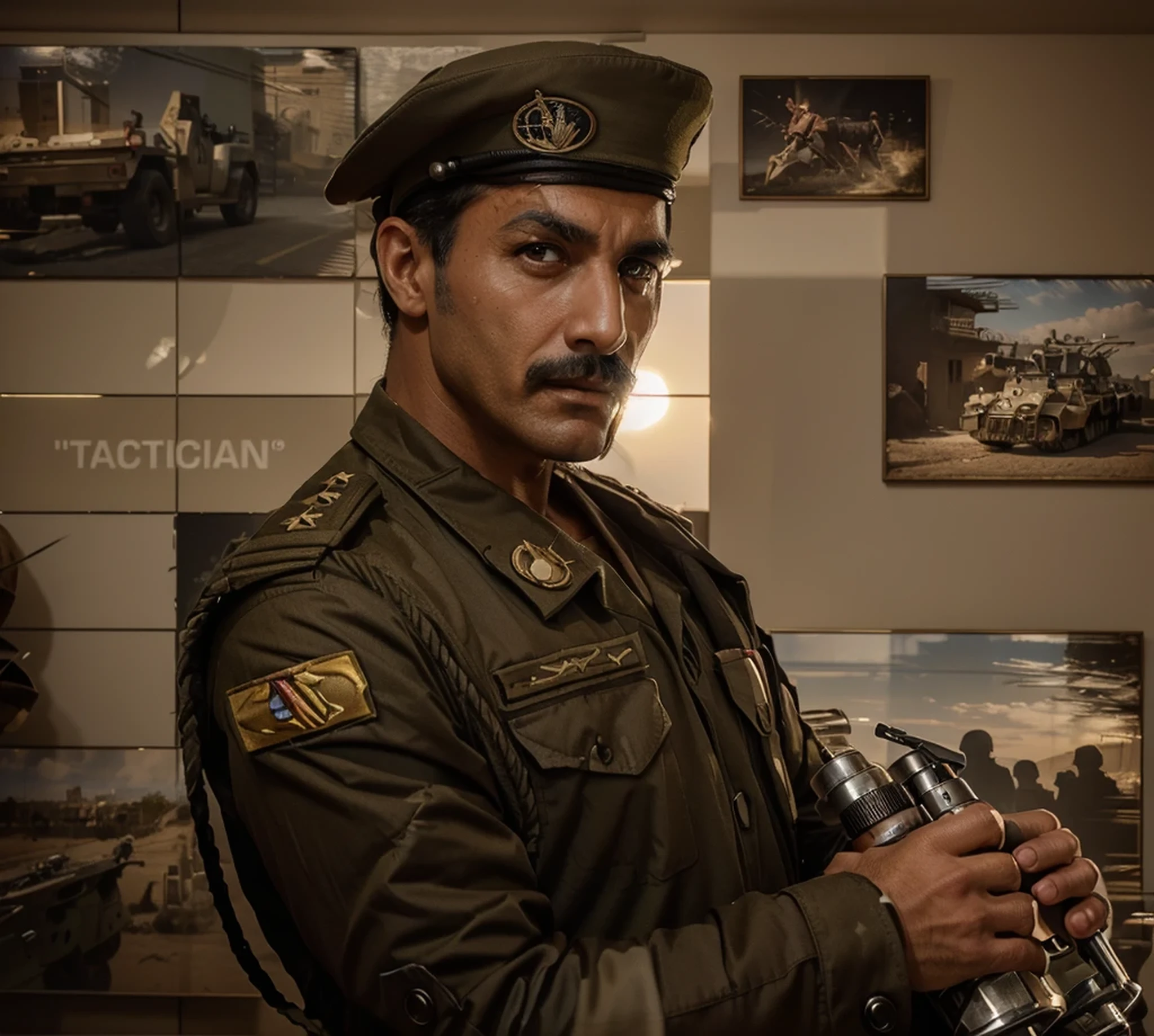 Arab military man is in the desert in the middle of the sunset, serious expression, very short black hair, mustache, has a scar on his face, wears a black military beret, beige Soviet style military commander uniform, holds binoculars, Ultra detailed, hyper realistic, 4k, Ultra detailed image, realistic, Highly detailed, perfect composition, Splendid, Intricately detailed, Incredibly detailed, 8K fine art photography, hyper detailed, Masterpiece, Ultra detailed, hyper realistic, 4k, Ultra image detailed, realistic, highly detailed, perfect composition, gorgeous, incredibly detailed, detailed, 8K fine art photography, hyper-detailed, masterpiece