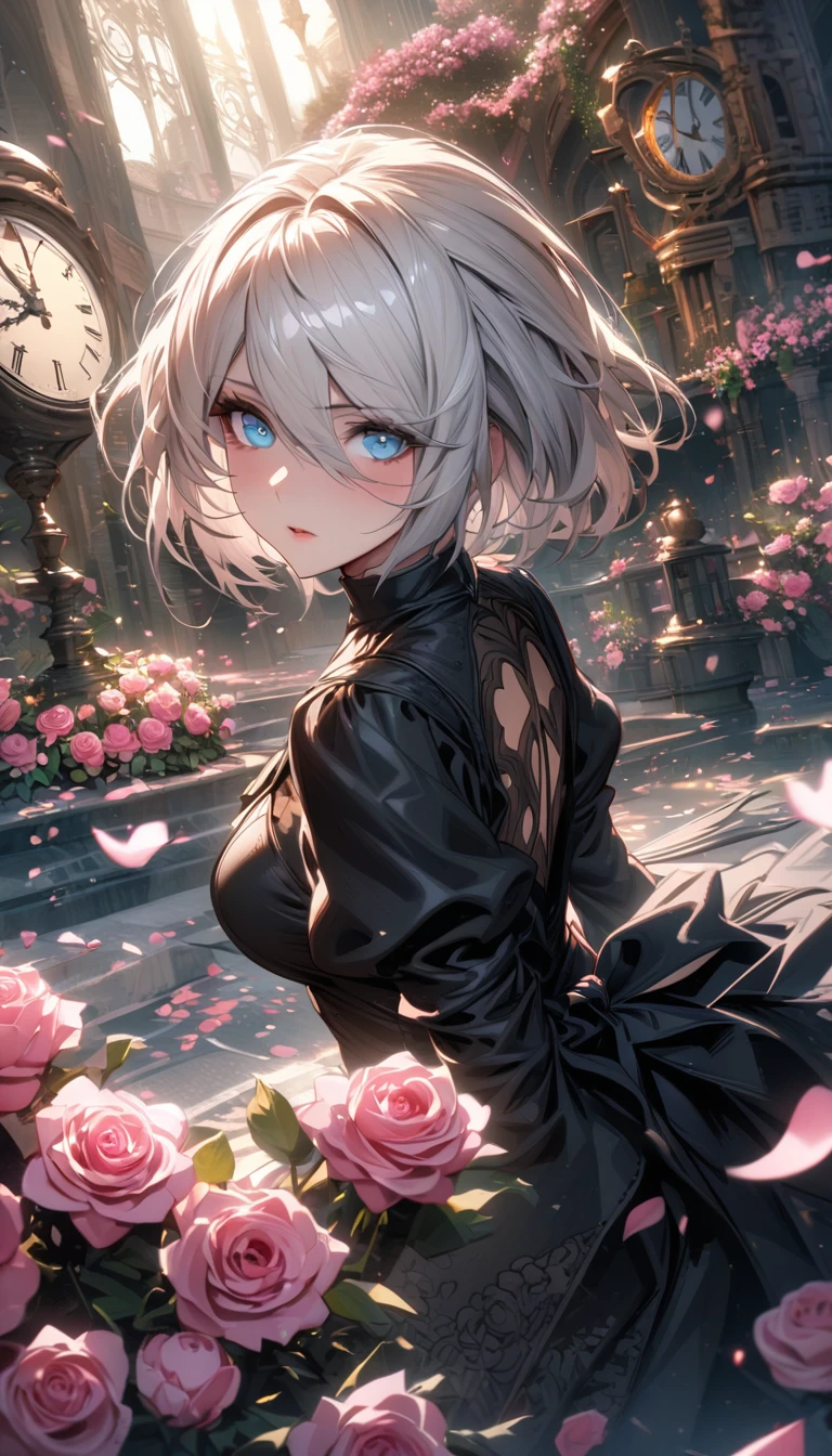 absurdres, highres, ultra detailed, HDR, masterpiece, extremely detailed face and eyes, 2B, white hair, expressive blue eyes, Nier Automata, solo, woman, extremely beautiful, pretty, black dress, pink roses, blossoms, petals, in woderland, clock
