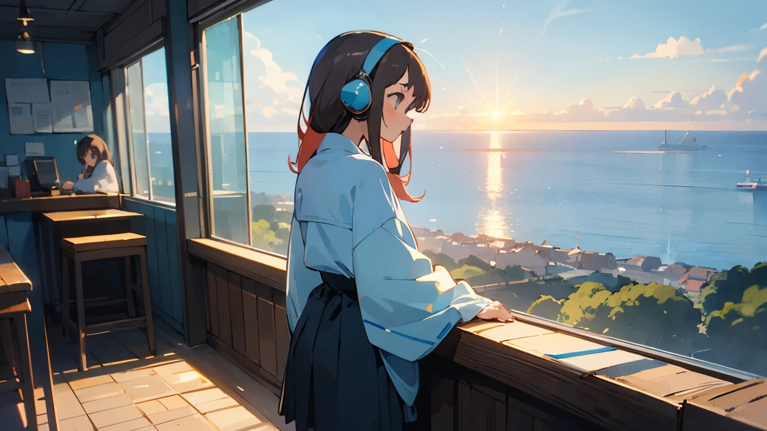 Anime style with an early 80's city pop culture vibe, Studio Ghibli vibe, cute!
A girl working on her pc at a cafe on a hill with a view of the ocean. She is wearing headphones and long-sleeved clothes. She is facing back. A pleasant breeze is blowing and her hair is blowing in the wind. The sun is setting. 768x432 [16 : 9].