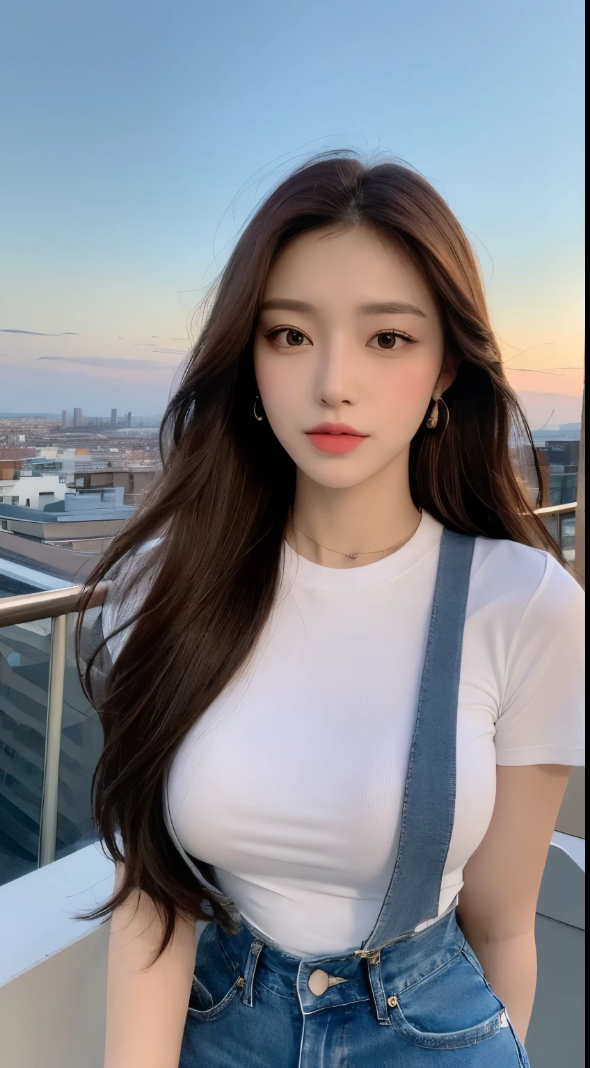 ((Midnight, Best quality, 8k, Masterpiece :1.3)), Whole body, Long legs, Sharp focus :1.2, A pretty woman with perfect figure :1.4, Slender abs :1.1, ((Dark brown hair, Big breasts :1.2)), (White tight tshirt, Jean bib, Standing:1.2), ((Night city view, Rooftop:1.3)), Highly detailed face and skin texture, Detailed eyes, Double eyelid