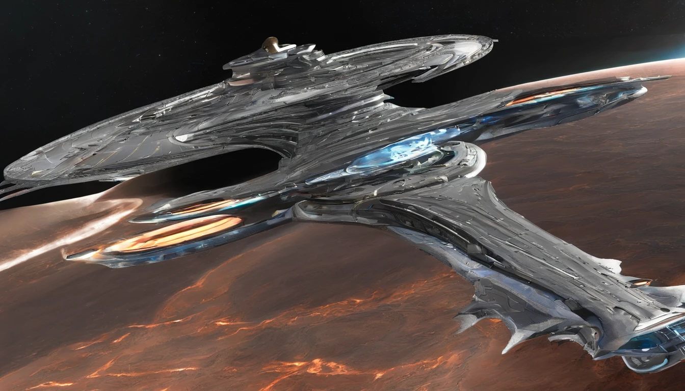 Make The Starship UPA Vedia NDD 1850. Make the Starship with dark gold with a deep green. There's a stretched out tubular ring, which is the bottom of the Starship. The tubular ring is a total of 432' long and 24' high by 24' wide. There is also a saucer section that is 72' high by 288' long by 144' wide, and it extends beyond the tubular ring by 60° to the front of the Starship. Put twin nacels about 96' apart, and 75° above the back of the Starship. It's orbiting an Earth like planet, but it is 10 times bigger. It has 12 moons that range from the size of the Earth's Moon, and slightly bigger each time.