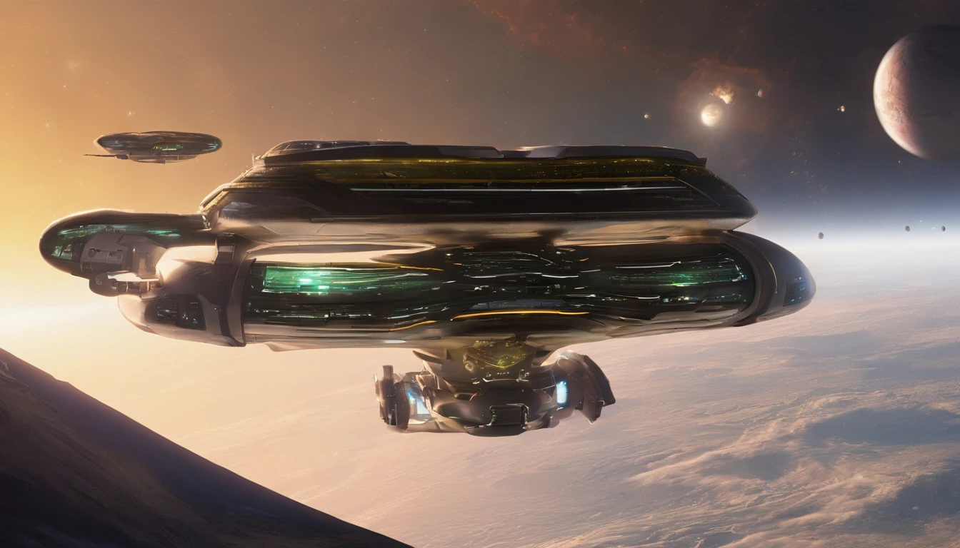 Make The Starship UPA Vedia NDD 1850. Make the Starship with dark gold with a deep green. There's a stretched out tubular ring, which is the bottom of the Starship. The tubular ring is a total of 432' long and 24' high by 24' wide. There is also a saucer section that is 72' high by 288' long by 144' wide, and it extends beyond the tubular ring by 60° to the front of the Starship. Put twin nacels about 96' apart, and 75° above the back of the Starship. It's orbiting an Earth like planet, but it is 10 times bigger. It has 12 moons that range from the size of the Earth's Moon, and slightly bigger each time.