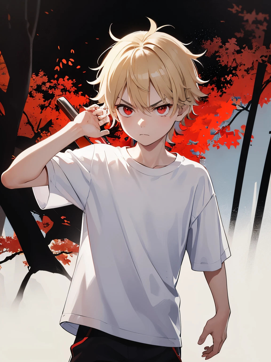 1 boy,guy,5 years old,Walk,Carrying two katanas, angry expression,closed mouth,Short blonde hair,cool,messy hair,Hands crossed, wearing White t-shirt,plain t-shirt,white shorts,red eyes, bright red eyes,Plain t-shirt,In the forest, at night,half body photo
