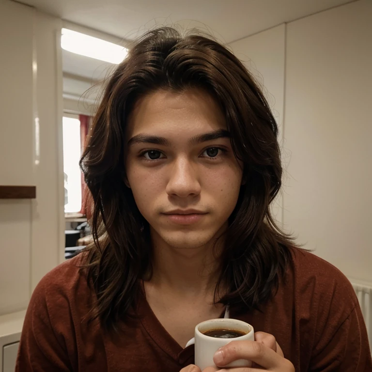 boy 18 years old, for coffee, pelo largo, ojos color rojo