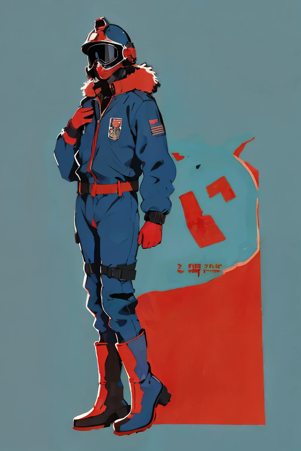 full body image, (ultra detailed,ultra high res,detailed background),((2D)),((flat color)),((muted color)), 1solo, looking at viewer, baggy flight suit, large fur collared bomber jacket, (big red galoshes), plush collar, full body image, square helmet, ((smokey blue background)), ((apocalyptic city)), entire body in frame, 