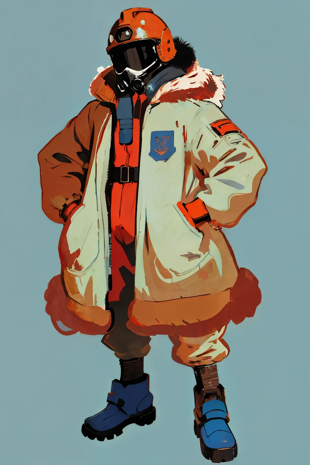 full body image, (ultra detailed,ultra high res,detailed background),((2D)),((flat color)),((muted color)), 1solo, looking at viewer, baggy flight suit, large fur collared bomber jacket, (big red galoshes), plush collar, full body image, square helmet, ((smokey blue background)), ((apocalyptic city)), entire body in frame, 