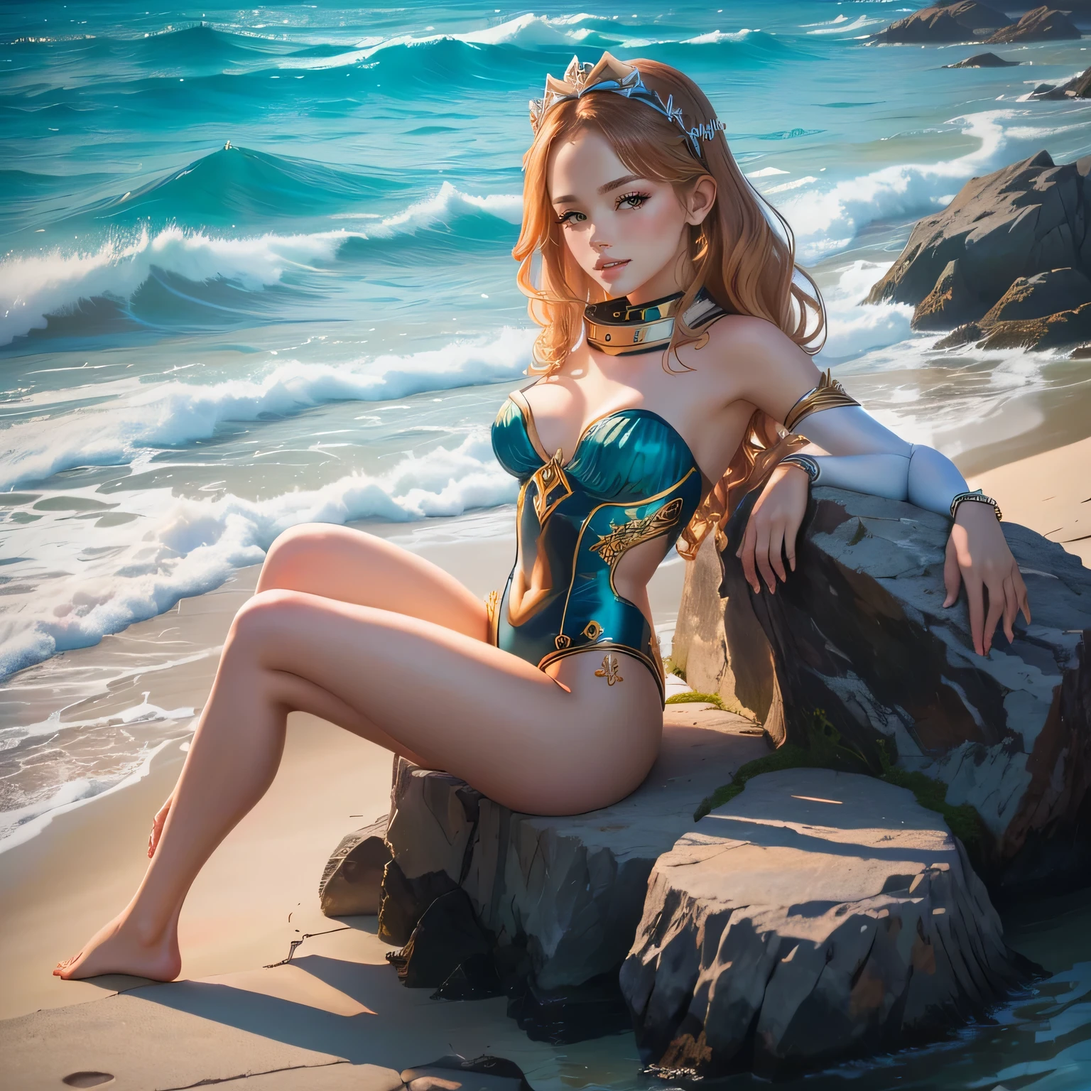 a woman in a Sirena costume sitting on a rock near the ocean, beautiful Sirena, royal photo session queen of the oceans, reina del mar mu yanling, Sirena body, Sirena, emma watson as sea Sirena, ariana grande as a Sirena, tzuyu de dos veces, emma watson as a Sirena, ocean goddess, mejor conocido como amouranto