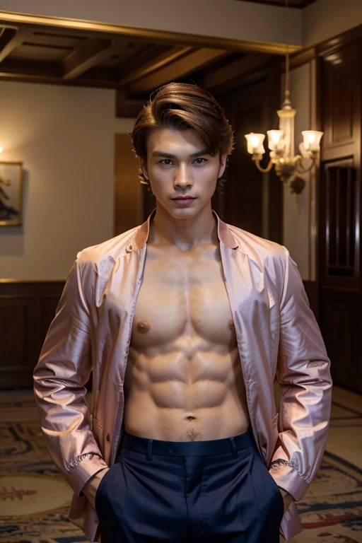 Masterpiece, Best Quality, Waterfront, Banquet, 1 Man, Young Man around his 20s, Elegant, Chinese Style, Ancient China, Royal, Serious face, Meatball Head, Light Brown Hair, Blue Eyes, Light Pink Lips, Formal clothes with his jacket opened showing his abs