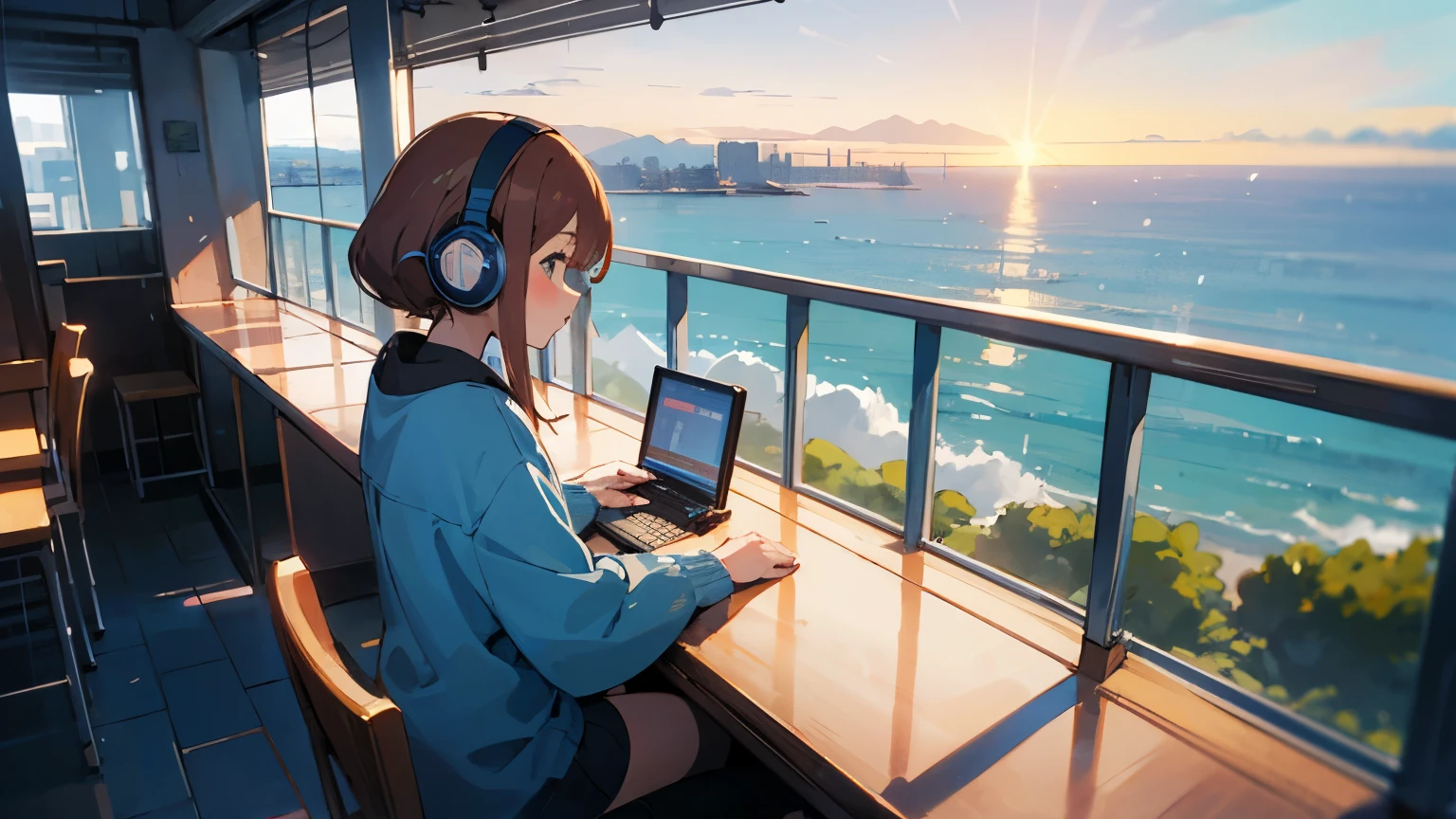 Anime style with an early 80's city pop culture vibe, Studio Ghibli vibe, cute!
A girl working on her pc at a cafe on a hill with a view of the ocean. She is wearing headphones and long-sleeved clothes. She is facing back. A pleasant breeze is blowing and her hair is blowing in the wind. The sun is setting. 768x432 [16 : 9].