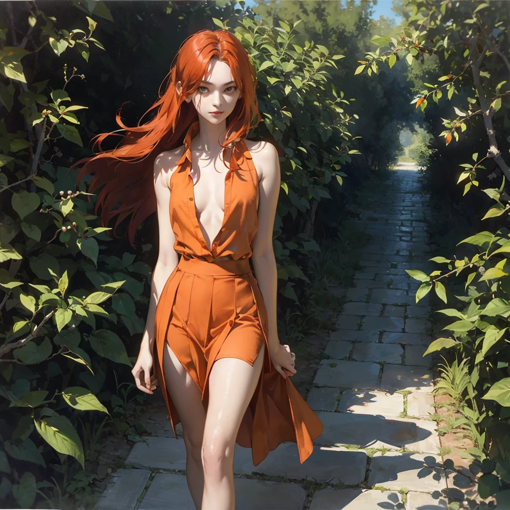 Beautiful slender thin exquisite (nude) girl 16 years old with a perfect face of the southern type with red hair with tender breasts with tender nipples barefoot with bare hips ((with red pubic hairs)) ((in an unbuttoned open light orange shirt over a naked body and in a short light orange skirt)) walks along a brick road in the middle of a flowering field, in a gentle watercolor style, Discreet shades, sfumato, haze, diffused dim light, delicate mint shades, imitation of film photography, (olive and grape groves, Brick Road)