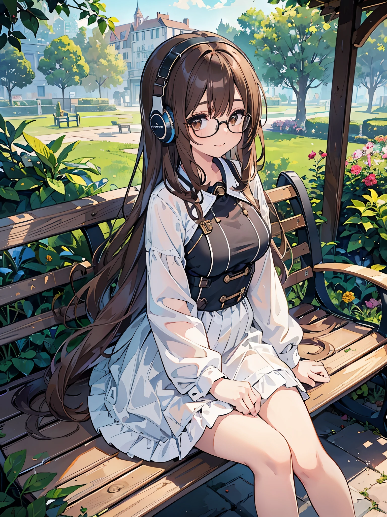 1 Female、Brown hair、Brown Eyes、Best Quality、Super detailed、8 Resolution、Raw photo、Mastepiece、Perfect Body、high resolution、highest quality、Detailed drawing、Vibrant colors、lure、smile、Long Hair、Black-rimmed glasses、Captivating breasts、Headphones、listen to music、garden、Sit on a bench