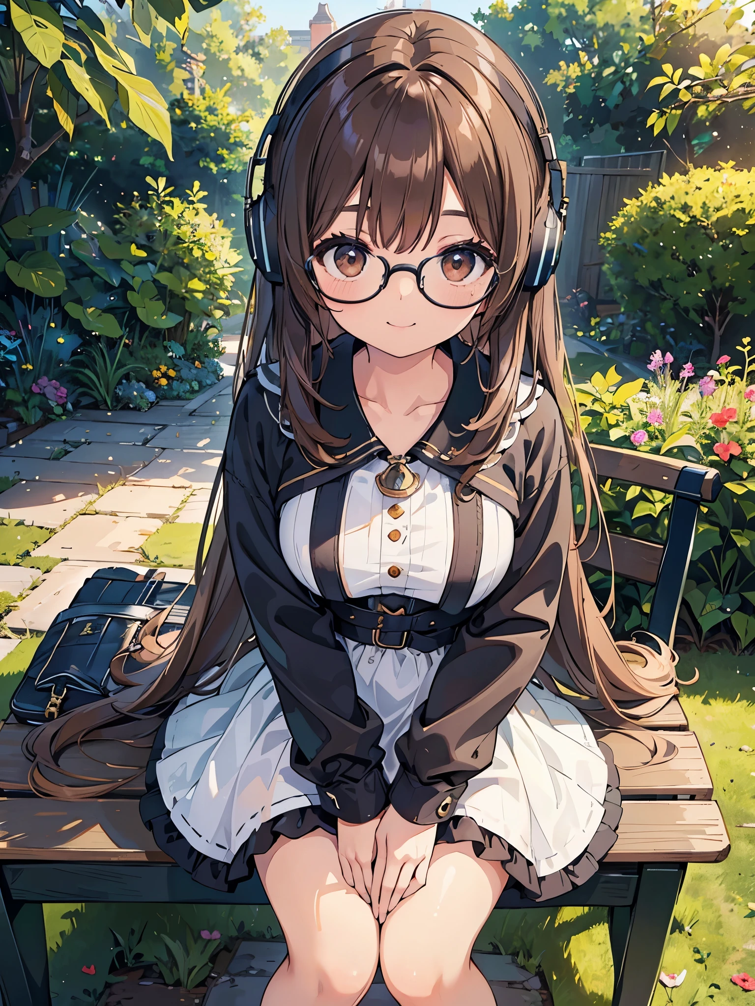 1 Female、Brown hair、Brown Eyes、Best Quality、Super detailed、8 Resolution、Raw photo、Mastepiece、Perfect Body、high resolution、highest quality、Detailed drawing、Vibrant colors、lure、smile、Long Hair、Black-rimmed glasses、Captivating breasts、Headphones、listen to music、garden、Sit on a bench